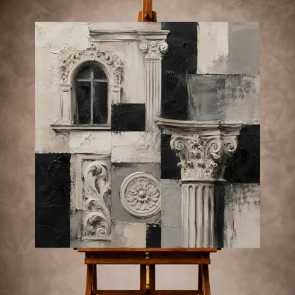Sculptural Monochrome Wall Art print featuring carved window frames, stone reliefs, and decorative columns for elegant interiors
