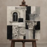 Sculptural Architectural Details Monochrome Wall Art Canvas Print displayed on a studio easel