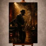 Warm amber Jazz Wall Art print featuring a solitary saxophonist performing in a vintage jazz club for elegant interiors