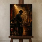 Amber Jazz Club Saxophonist Jazz Wall Art Canvas Print displayed on a studio easel