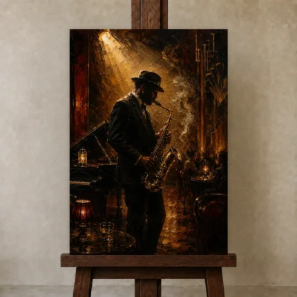 Amber Jazz Club Saxophonist Jazz Wall Art Canvas Print shown in Studio Easel