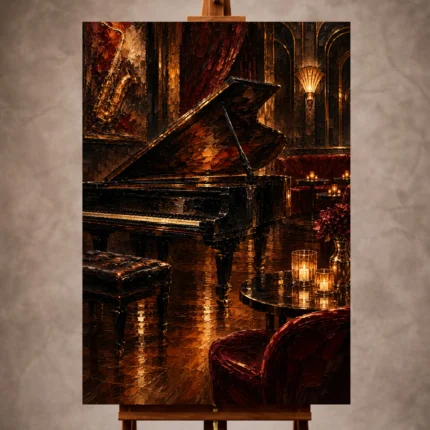Warm candlelit Jazz Wall Art print featuring a vintage grand piano in an elegant jazz lounge for sophisticated interiors
