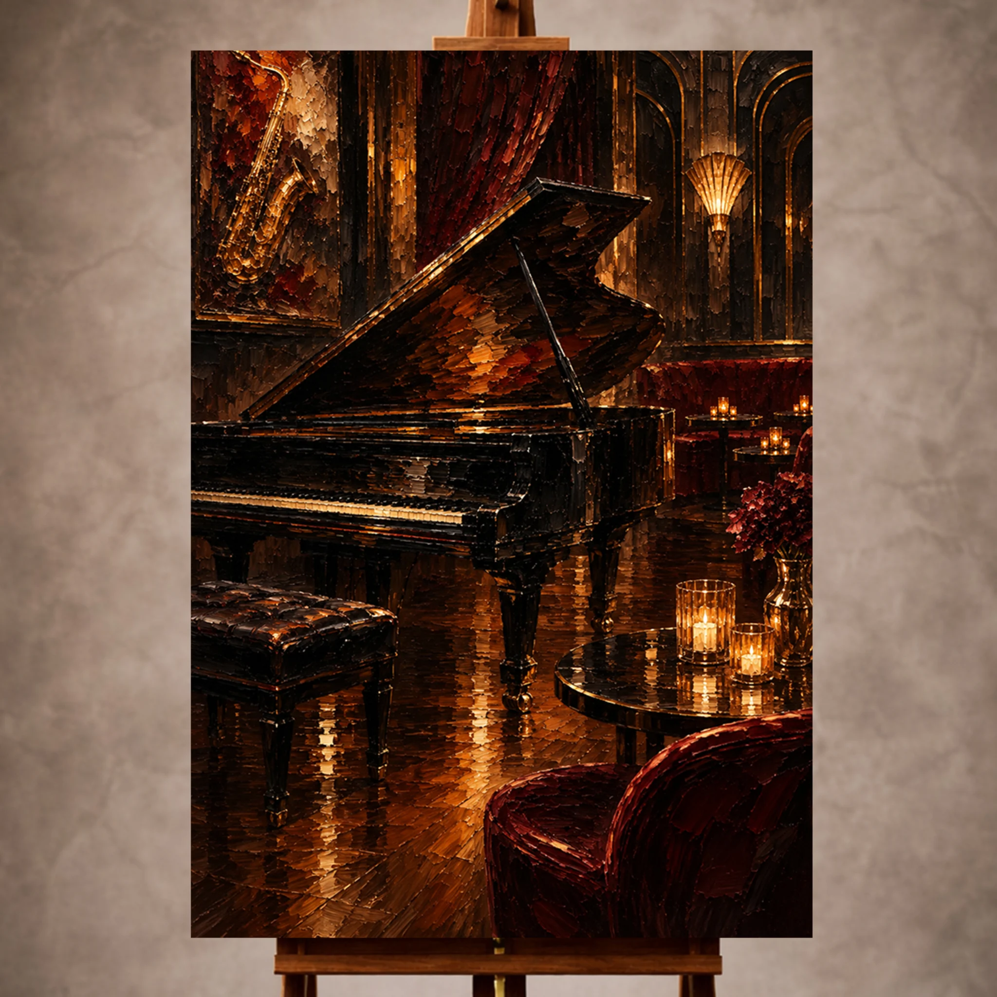 Premium Wall Art Dikey Html Edition – Music007 Image 1 Warm candlelit Jazz Wall Art print featuring a vintage grand piano in an elegant jazz lounge for sophisticated interiors