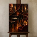 Candlelit Grand Piano Jazz Wall Art Canvas Print displayed on a studio easel