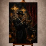 Rich cinematic Jazz Wall Art print featuring a distinguished trumpet player in a vintage jazz club for elegant interiors