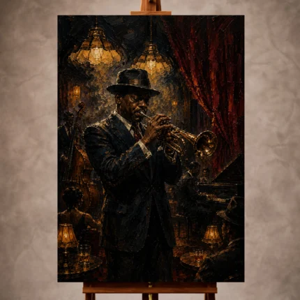 Rich cinematic Jazz Wall Art print featuring a distinguished trumpet player in a vintage jazz club for elegant interiors