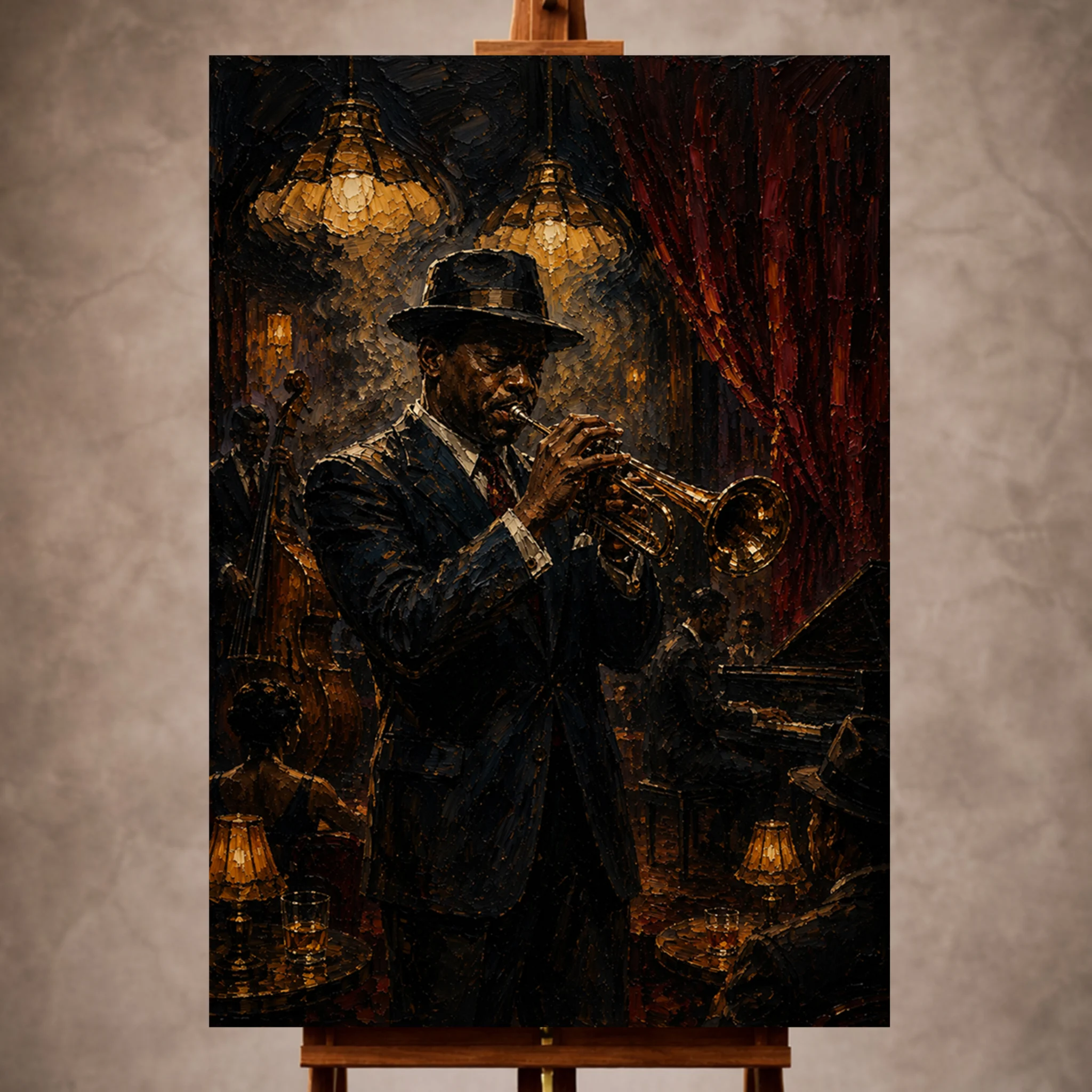 Premium Wall Art Dikey Html Edition – Music008 Image 1 Rich cinematic Jazz Wall Art print featuring a distinguished trumpet player in a vintage jazz club for elegant interiors