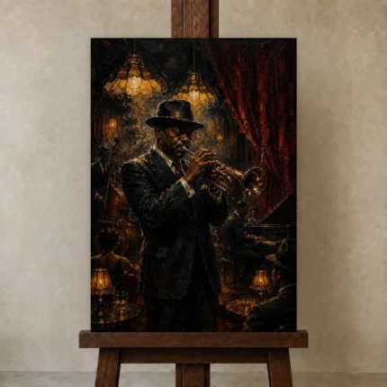 Vintage Trumpet Performance Jazz Wall Art Canvas Print shown in Studio Easel