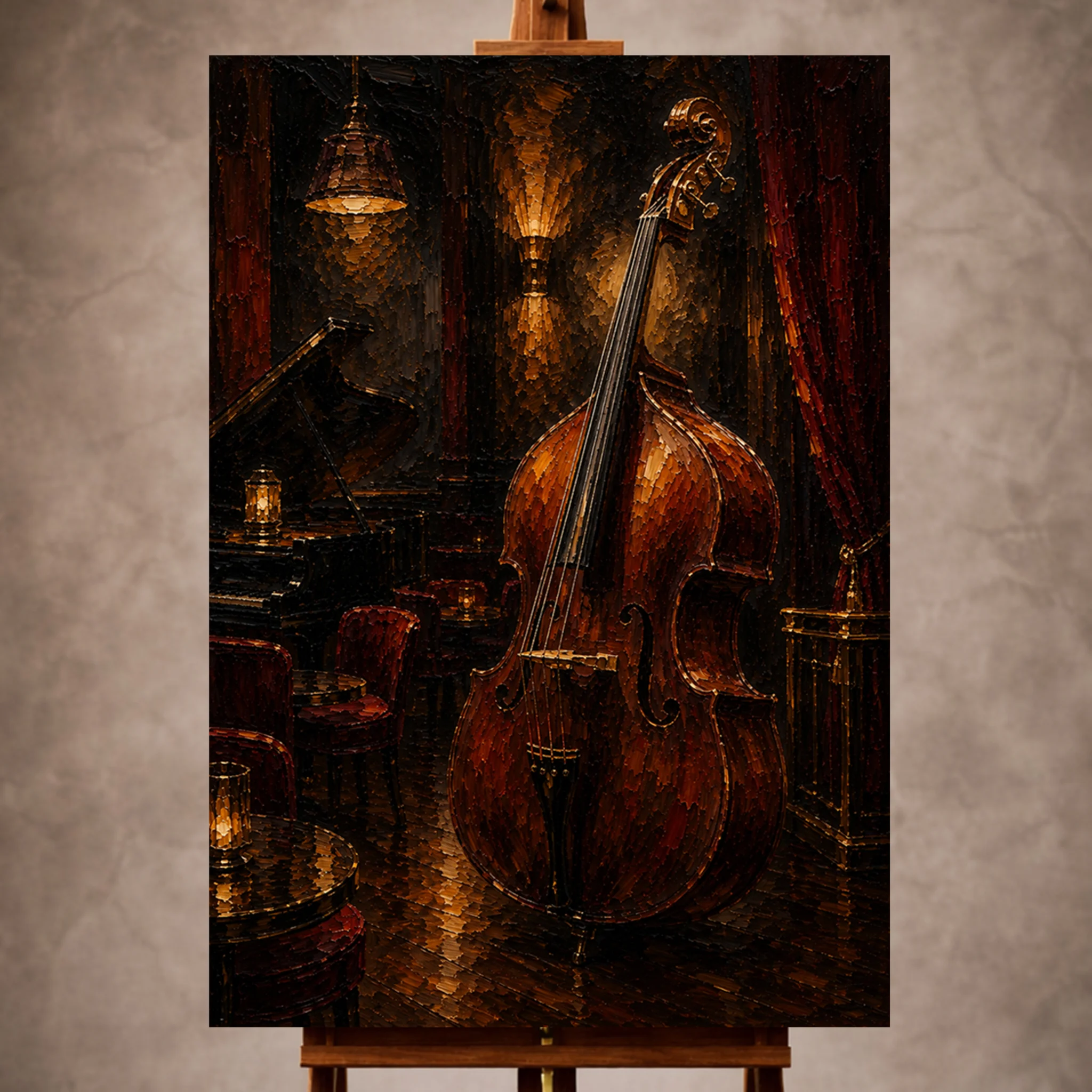 Premium Wall Art Dikey Html Edition – Music009 Image 1 Warm elegant Jazz Wall Art print featuring an upright double bass in a sophisticated jazz lounge for refined interiors