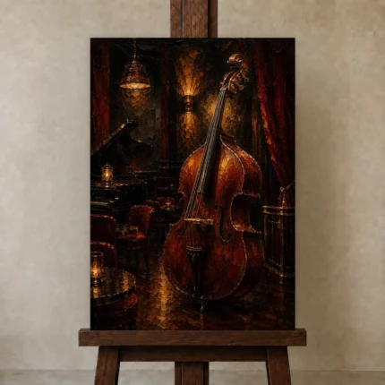 Elegant Double Bass Jazz Wall Art Canvas Print shown in Studio Easel