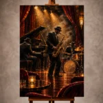 Rich cinematic Jazz Wall Art print featuring a vintage jazz ensemble with saxophone, piano, and drums for elegant interiors