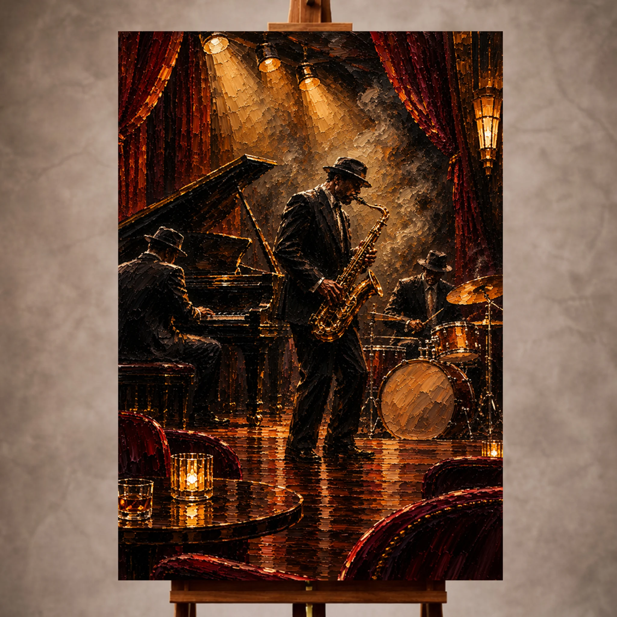 Premium Wall Art Dikey Html Edition – Music010 Image 1 Rich cinematic Jazz Wall Art print featuring a vintage jazz ensemble with saxophone, piano, and drums for elegant interiors