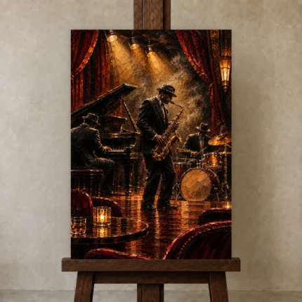 Vintage Jazz Ensemble Jazz Wall Art Canvas Print shown in Studio Easel