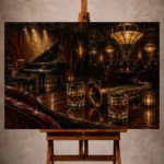 Warm elegant Jazz Wall Art print featuring a saxophone on a walnut table with a grand piano in a refined vintage jazz lounge for sophisticated interiors