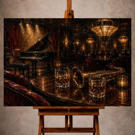 Warm elegant Jazz Wall Art print featuring a saxophone on a walnut table with a grand piano in a refined vintage jazz lounge for sophisticated interiors