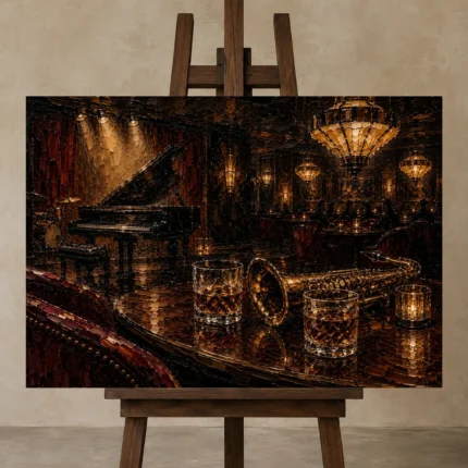Sophisticated Jazz Lounge Jazz Wall Art Canvas Print displayed on a studio easel