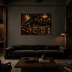 Sophisticated Jazz Lounge Jazz Wall Art Canvas Print shown in a warm modern interior