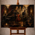 Warm gallery-inspired Jazz Wall Art print featuring a pianist, upright bassist, and saxophonist beneath Art Deco chandeliers for elegant interiors