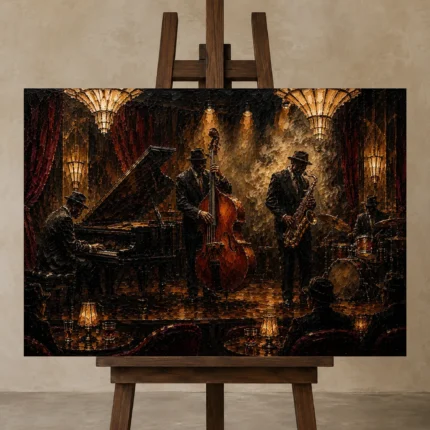 Art Deco Jazz Ensemble Jazz Wall Art Canvas Print shown in Studio Easel