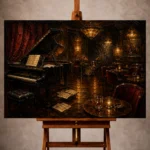 Warm elegant Jazz Wall Art print featuring an open grand piano in an empty late-night jazz lounge for sophisticated interiors