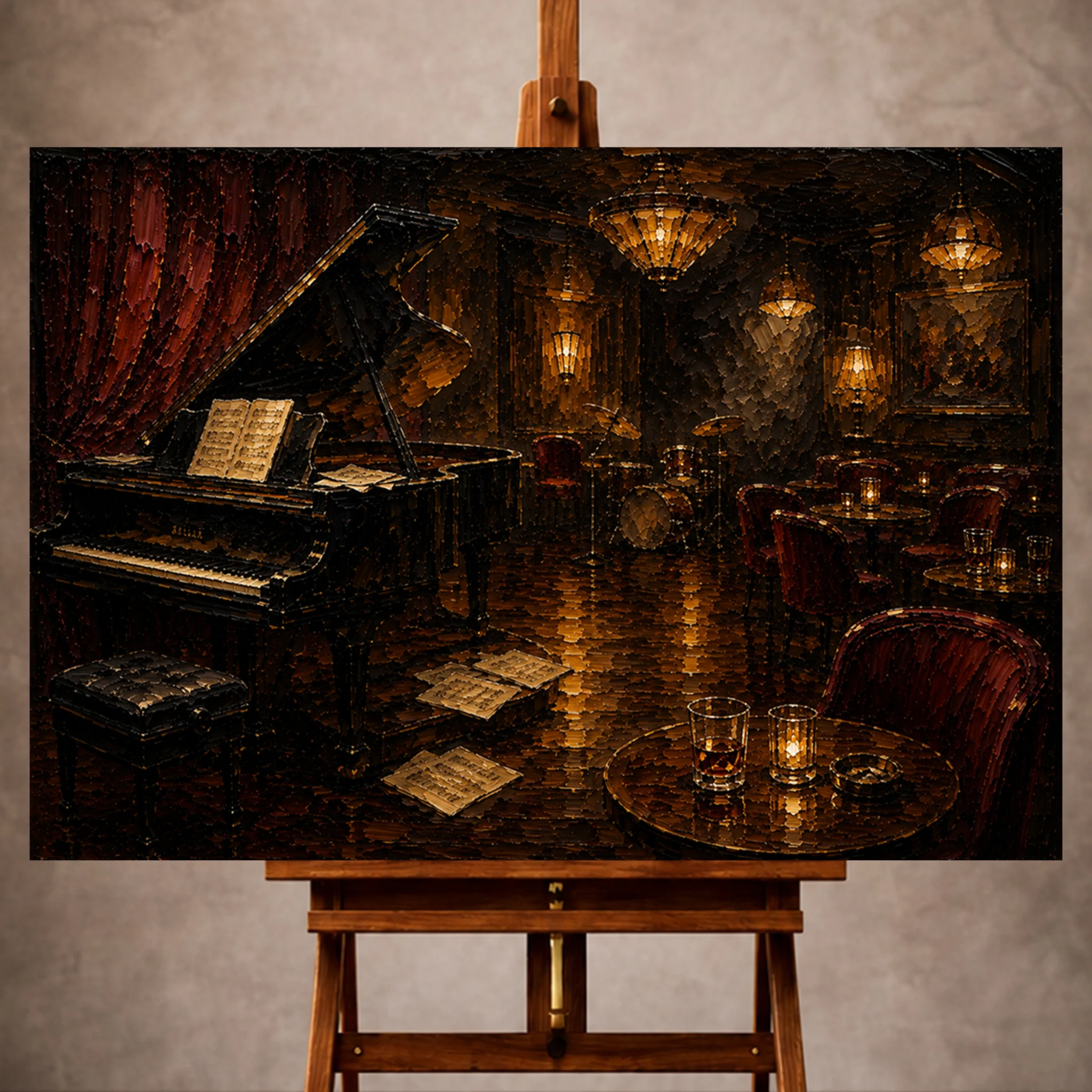 Premium Wall Art Yatay Html Edition – Music013 Image 1 Warm elegant Jazz Wall Art print featuring an open grand piano in an empty late-night jazz lounge for sophisticated interiors
