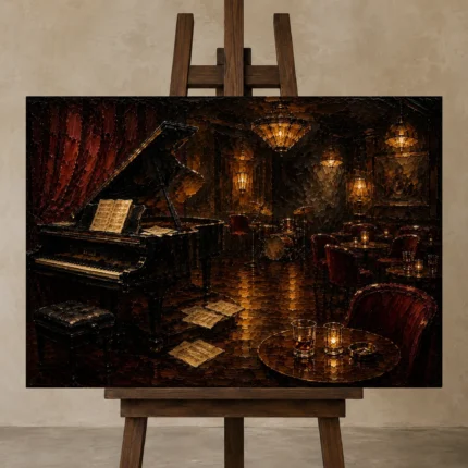 Late Night Jazz Lounge Jazz Wall Art Canvas Print displayed on a studio easel