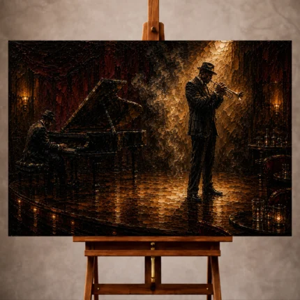 Rich cinematic Jazz Wall Art print featuring a trumpet player beneath a spotlight with a pianist in the shadows for elegant interiors