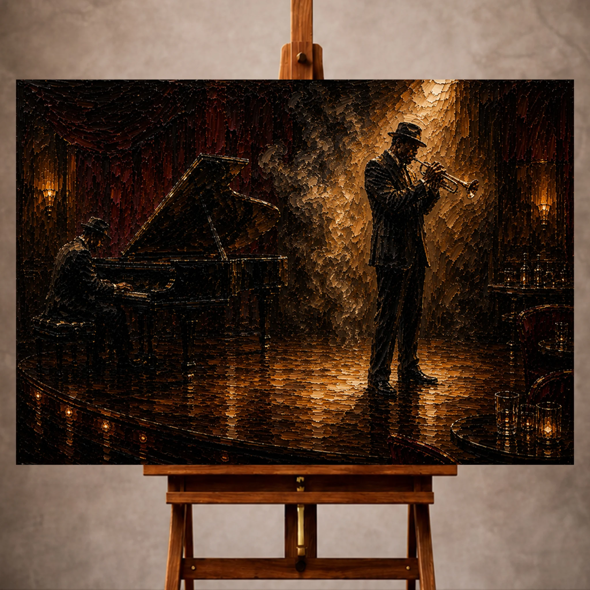 Premium Wall Art Yatay Html Edition – Music014 Image 1 Rich cinematic Jazz Wall Art print featuring a trumpet player beneath a spotlight with a pianist in the shadows for elegant interiors