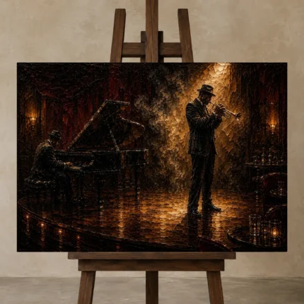 Spotlight Trumpet Performance Jazz Wall Art Canvas Print displayed on a studio easel
