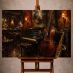 Warm gallery-inspired Jazz Wall Art print featuring an upright bass, piano, and polished saxophone in a refined vintage jazz bar for elegant interiors