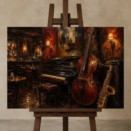 Vintage Jazz Bar Jazz Wall Art Canvas Print displayed on a studio easel