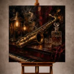 Warm elegant Jazz Wall Art print featuring a vintage saxophone beside a crystal decanter on a polished mahogany piano for sophisticated interiors