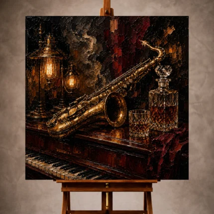 Warm elegant Jazz Wall Art print featuring a vintage saxophone beside a crystal decanter on a polished mahogany piano for sophisticated interiors