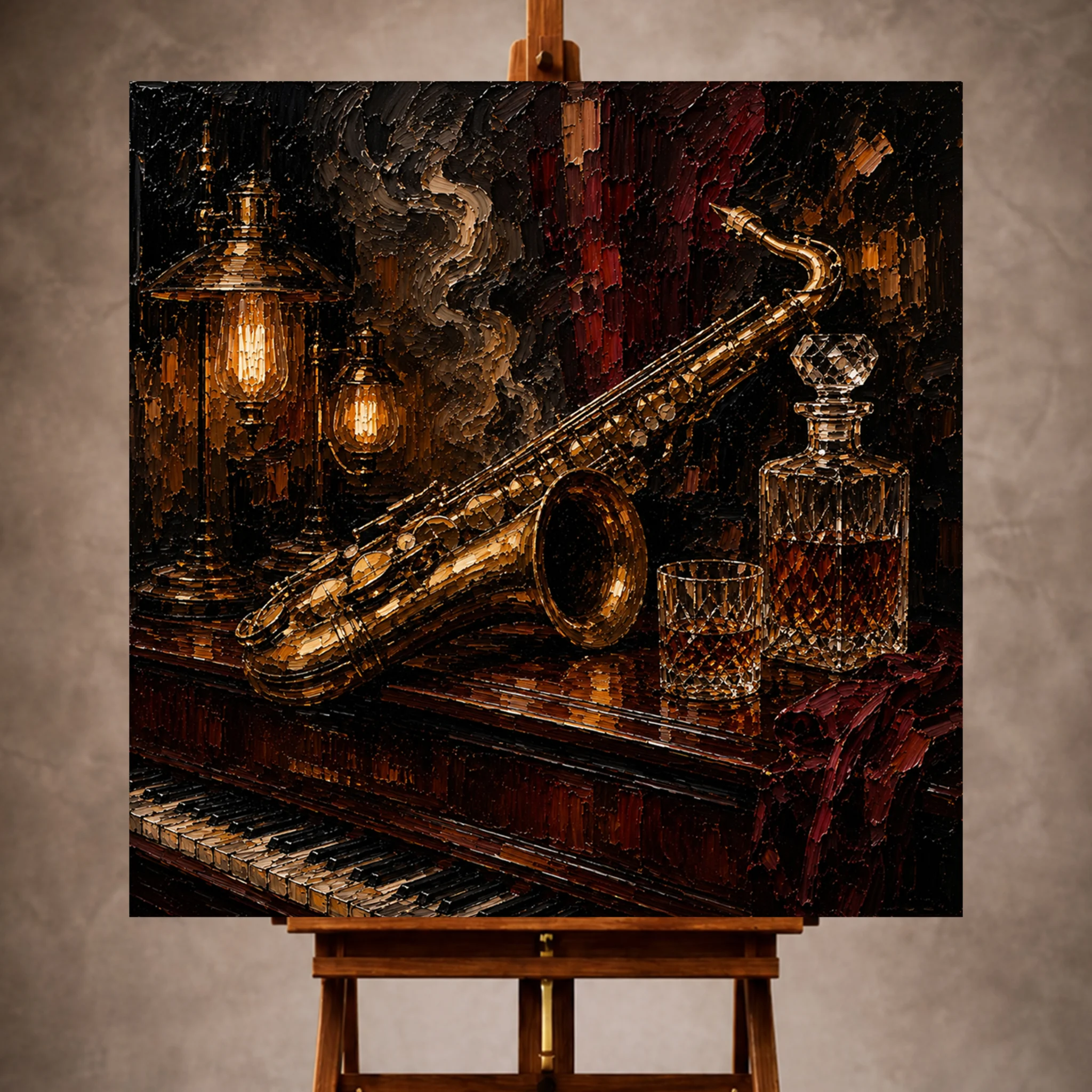 Premium Wall Art Kare Html Edition – Music016 Image 1 Warm elegant Jazz Wall Art print featuring a vintage saxophone beside a crystal decanter on a polished mahogany piano for sophisticated interiors