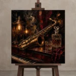 Vintage Saxophone Still Life Jazz Wall Art Canvas Print displayed on a studio easel
