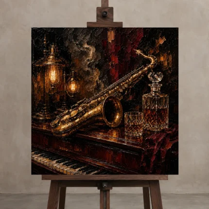 Vintage Saxophone Still Life Jazz Wall Art Canvas Print shown in Studio Easel