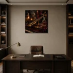 Vintage Saxophone Still Life Jazz Wall Art Canvas Print displayed in a contemporary gallery-inspired room