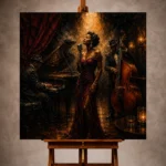 Warm cinematic Jazz Wall Art print featuring a distinguished jazz vocalist with a grand piano and upright bass for elegant interiors