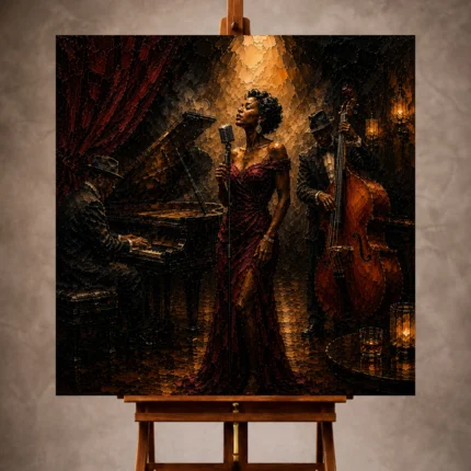 Warm cinematic Jazz Wall Art print featuring a distinguished jazz vocalist with a grand piano and upright bass for elegant interiors