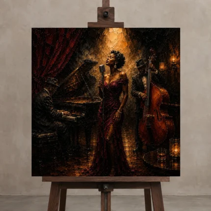 Jazz Vocalist Spotlight Jazz Wall Art Canvas Print displayed on a studio easel
