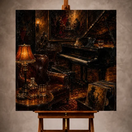 Warm gallery-inspired Jazz Wall Art print featuring a baby grand piano, leather lounge chair, and vinyl records in a cozy vintage jazz club for elegant interiors