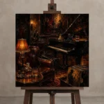 Cozy Vintage Jazz Lounge Jazz Wall Art Canvas Print displayed on a studio easel