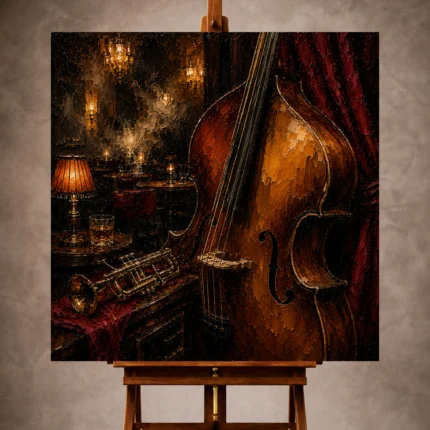 Warm elegant Jazz Wall Art print featuring a close-up upright bass with a brass trumpet in a refined vintage jazz lounge for sophisticated interiors