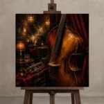 Elegant Upright Bass Jazz Wall Art Canvas Print displayed on a studio easel