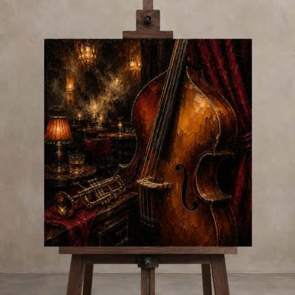 Elegant Upright Bass Jazz Wall Art Canvas Print shown in Studio Easel