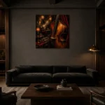 Elegant Upright Bass Jazz Wall Art Canvas Print shown in a warm modern interior