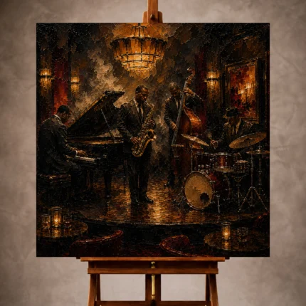 Warm gallery-inspired Jazz Wall Art print featuring a jazz quartet with piano, saxophone, double bass, and brushed drums beneath Art Deco pendant lights for elegant interiors