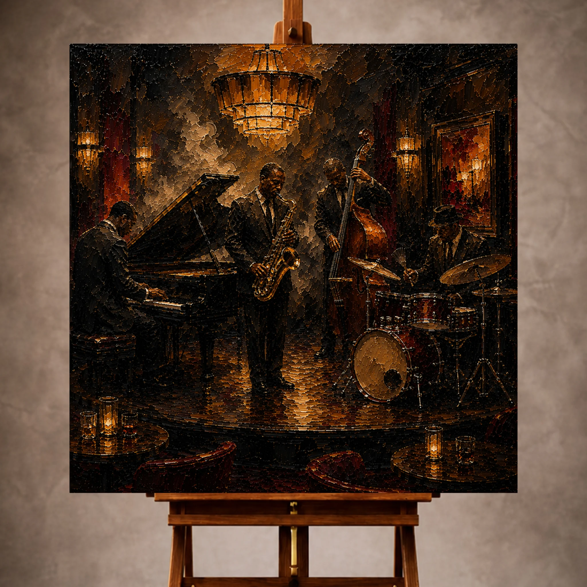 Premium Wall Art Kare Html Edition – Music020 Image 1 Warm gallery-inspired Jazz Wall Art print featuring a jazz quartet with piano, saxophone, double bass, and brushed drums beneath Art Deco pendant lights for elegant interiors