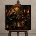 Art Deco Jazz Quartet Jazz Wall Art Canvas Print displayed on a studio easel