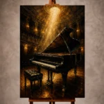 Golden elegant Piano Wall Art print featuring a grand piano beneath cascading concert hall lighting for sophisticated interiors